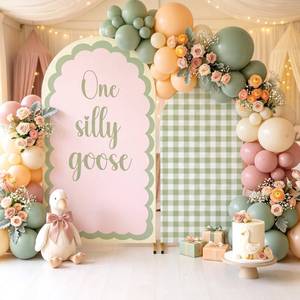 lot 9466 image: 2 Pcs 7.2ft 6ft One Silly Goose Arch Backdrop Cover,Pink Green,Cute