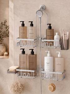 lot 9489 image: Adjustable Shower Caddy Hanging for Handheld Showerheads, Rustproof, Silver
