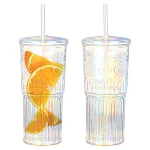 lot 9491 image: Bandesun All Glass Iced Coffee Cup With Lids and Straws��24 OZ Rainbow High Borosilicate Glass Tumbler for Water Smoothie Juice Drinks