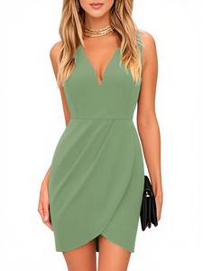 lot 10019 image: oxiuly Womens Sleeveless Summer Mini Casual Dress Chic V N ECK Ruched Sundress Out Night Club Bodycon Dress OX345 (Bean Green, XL)
