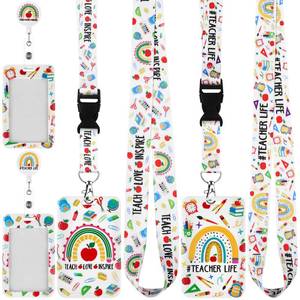 lot 10065 image: 2 Pack School Theme ID Badge Holder with Breakaway Lanyard School Theme Vertical Card Holder with Retractable Badge Clip and Neck Lanyard Teacher Lanyards for Id Badges for Teacher Nurse Work, White