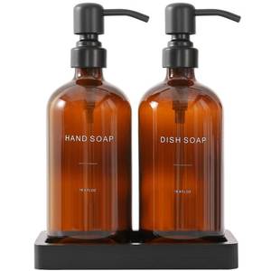 lot 17275 image: Prus Waso Amber Glass Soap Dispenser Set with Tray