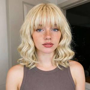 lot 18106 image: Plenday Short Wavy Bob Wig with Bangs, Blonde
