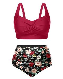 lot 2186 image: Tempt Me Plus Size High Waisted Bikini Set Red Floral 12W