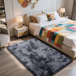 lot 9534 image: 3x5 Area Rug for Bedroom, Tie-Dyed Black Fluffy Shag Rug Plush Carpet