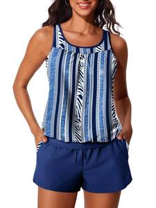 lot 9542 image: Summer Mae Plus Size Womens Tankini Swimsuits with Pocket Blue Vertical 20W