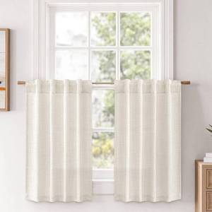 lot 9563 image: MIULEE 36 Inch Linen Textured Sheer Cafe Curtain Kitchen Window Beige White