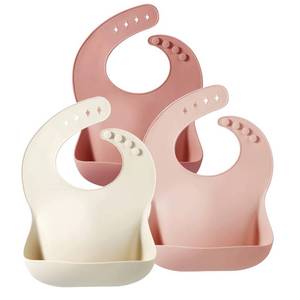 lot 10125 image: PandaEar Set of 3 Silicone Baby Bibs, Waterproof Soft Adjustable Bibs for Babies Toddlers 10-72 Months (Light pinkRoseLinen)