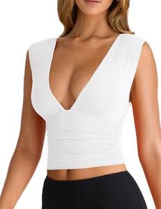 lot 10132 image: YFANG Womens Sexy Deep V-Neck Ruched Sleeveless Crop Tank Top Stretchy Double Layer Slim Fitted Going Out Crop Top White X-Large