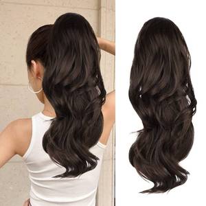 lot 10182 image: CHRSHN Ponytail Extension, Drawstring Ponytail Extension for Women 20 Inch Long Wavy Brown Pony Tails Hair Extensions Synthetic Clip in Ponytail Hairpiece for Women