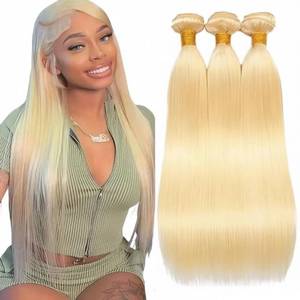 lot 10185 image: Lowerkum Blonde Straight Bundle Human Hair Color #613 Bundles Unprocessed Brazilian Virgin Human Hair 3 Bundle 28 30 32 Inch Hair Extensions 150g