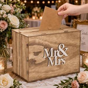 lot 10247 image: Bucherry Wedding Card Box with Slot, Rustic Wood with 3D Mr & Mrs