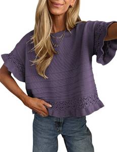 lot 10251 image: Yeokou Womens Short Sleeve Sweater Round Neck Ruffled Hem Knit Crochet Pullover Summer Fall Casual Top Blouse(Purple-L)