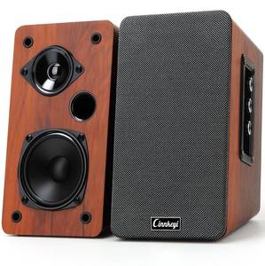 lot 11914 image: Cinnkeyi 50W Wooden Bookshelf Speakers with Bluetooth