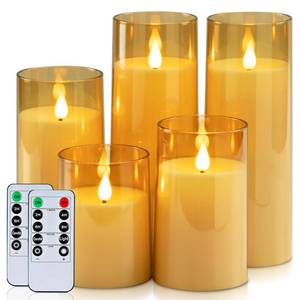 lot 19249 image: Homemory Amber Flickering Flameless Candles, Battery Operated Acrylic LED Pillar Candles with Remote Control and Timer, Fall Candles, Set of 5