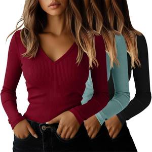 lot 20214 image: Ficerd Womens Long Sleeve V-Neck Ribbed Shirts 2-Pack, SIZE LARGE