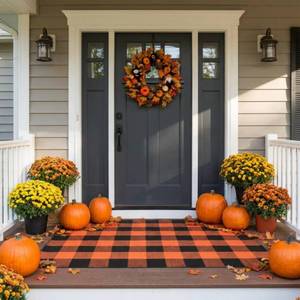 lot 20230 image: SEEKSEE Buffalo Plaid Outdoor Rug 3 x 5 Orange Black