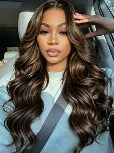 lot 20232 image: KLAIYI 7x5 Lace Front Wig Golden Brown Highlight 24in  Retail $186.69