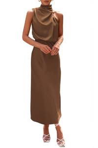 lot 20330 image: PRETTYGARDEN Womens Satin Maxi Cocktail Dress Khaki Medium (Minor Cosmetic Damage)