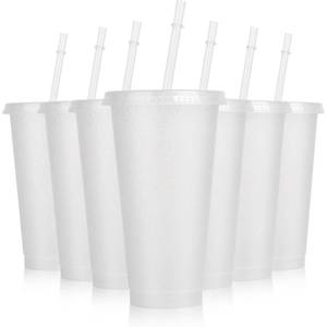 lot 17396 image: Hooqict 7 Pack Reusable Plastic Cups 24oz with Lids and Straws