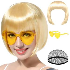 lot 18677 image: Blonde Bob Wig with Heart Sunglasses Set