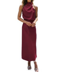 lot 20448 image: BTFBM Mock Neck Satin Cocktail Dress, Burgundy, M