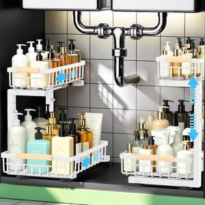 lot 1578 image: GeeBom Under Sink Organizer 2 Pack, Double Slide Out Metal Shelf