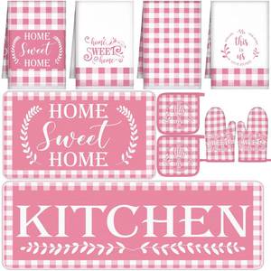 lot 7554 image: Fourluoo 10-Piece Pink Checkered Kitchen Decor Set