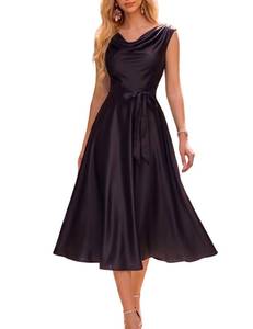 lot 8006 image: VOUIAO Womens Satin A-Line Midi Dress, Black, Size L