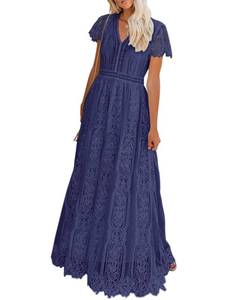 lot 18832 image: MEROKEETY Womens Floral Lace Wedding Bridesmaid Dress, Navy, M