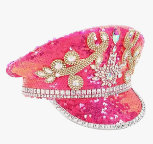 lot 14321 image: Pink Sequin Military-Style Captain Hat with Rhinestone and Gem Embellishments