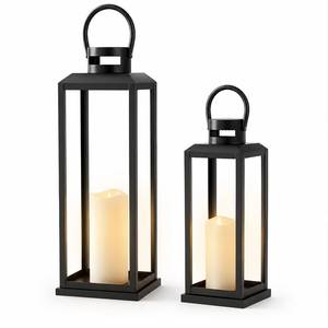 lot 1714 image: VERLENS Black Decorative Lanterns 17 & 13 with LED Candles