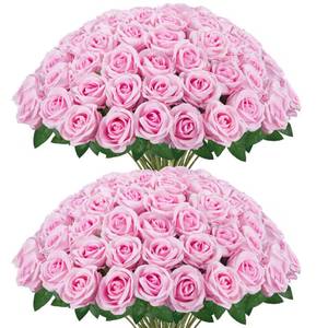 lot 9598 image: InnoGear Pink Roses Artificial Flowers 50 Pcs Fake Velvet Silk Rose Floral