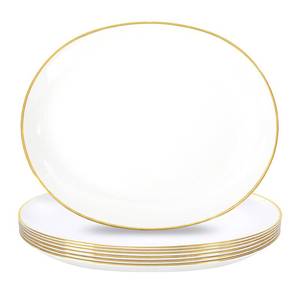 lot 9604 image: WDF 6Pcs Gold Plastic Serving Trays - 12 Inch White and Gold Oval Disposable Plates - Heavy Duty White Plastic Serving Platters for WeddingBirthdayDinner PartyBBQHoliday Gatherings