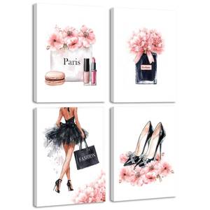 lot 9609 image: Drsoum Glam Fashion Makeup Room Decor Framed Pink Beauty Girly Elegantes Bathroom Wall Art Perfume Handbags High Heels Pictures Bedroom Dorm Decorations Ready to Hang 8x10inx4pcs (Framed)