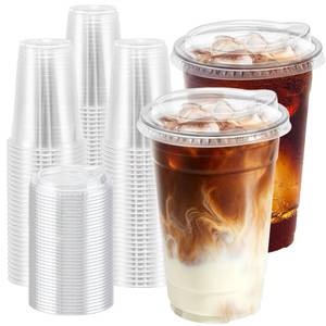 lot 9615 image: Clawsoff 20 oz 100 Pack Plastic Cups with Lids Disposable Iced Coffee Cups
