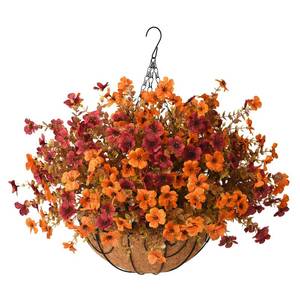 lot 9632 image: Artificial Fall Hanging Flowers Basket, UV Resistant Mums for Outdoors