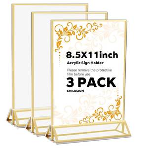 lot 9644 image: CHILDLION 3 Pack Acrylic Sign Holder 8.5x11 Inches, Double Sided Gold Picture Frame Stand up Table Top Sign Holders, Vertical Menu Flyer Stand, Plastic Frame for Stores, Restaurants, Hotels, Office (3 Pack 8.511)