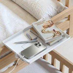 lot 9676 image: COOL-ANGLE Bedside Shelf for Bunk Bed and College Dorm, 13x9.5 Clamp-On Floating Nightstand with Hidden Storage and Cable Management, Fits Bed Rails up to 2.9in, White