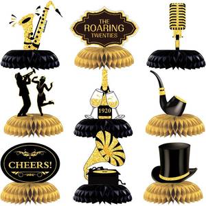 lot 12369 image: Epakh 10 Pc Roaring 20s Honeycomb Centerpieces Black Gold