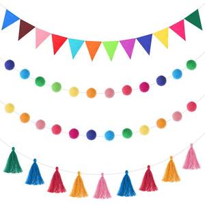 lot 12406 image: Irenare 4-Piece Pom Pom Garland Pennant Banner Flags, Rainbow