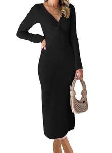 lot 12585 image: RAISECOM Womens Ribbed Knit V-Neck Midi Dress Black, M