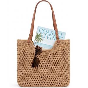 lot 14403 image: Taadyin Crochet Beach Tote Bag with Zipper, Khaki