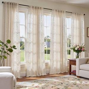 lot 20087 image: Jinchan Ivory Floral Linen Curtains 84 Back Tab 4 Panels