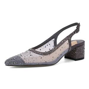 lot 1825 image: ANFEE Womens Mesh Rhinestone Slingback Block Heel Pumps