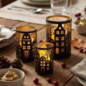 lot 5204 image: TRIROCKS Etched Village Silhouette Candle Lantern Set