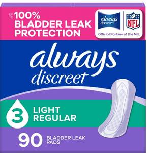 lot 9701 image: Always Discreet Adult Incontinence Pads for Women, Drier, 3 Drop Regular Length, Light Absorbency, Pads for Bladder Control Management, Bladder Leaks, & Postpartum Pads, 90ct