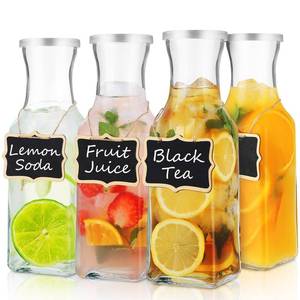 lot 9722 image: Glass Carafe with Lid, 4Pcs Square Glass Carafe Juice Containers 1 Liter Clear Glass Pitcher Drink Dispensers for Beverage Cold Water Juice Milk Iced Tea Wine Dishwasher Safe