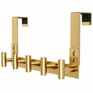 lot 9758 image: HUFEEOH 1-Pack Gold 5-Hook T-Shape Over-The-Door Towel Rack, 1-34-Inch