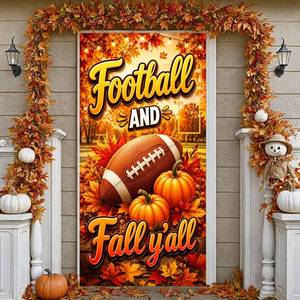 lot 10044 image: Football and Fall Y��all Door Cover Autumn Pumpkin Welcome Door Sign Hanging Banner for Farmhouse Football Season Harvest Thanksgiving Party Supplies Tailgate Outdoor Front Door Porch Decor